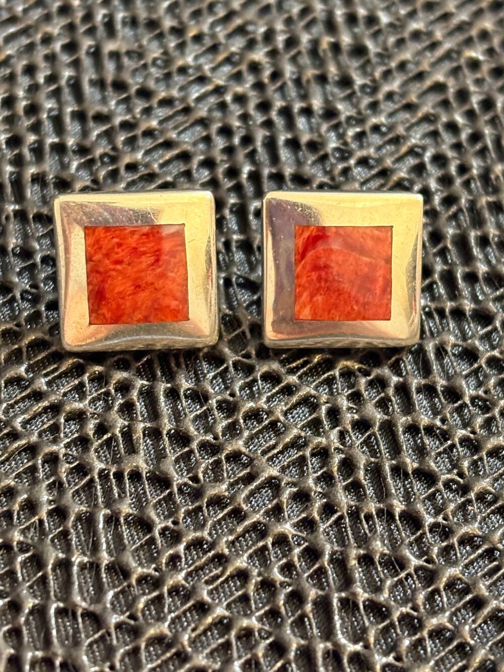 Vintage Genuine Coral 950 Sterling Silver Square Stud Earrings 0,5”